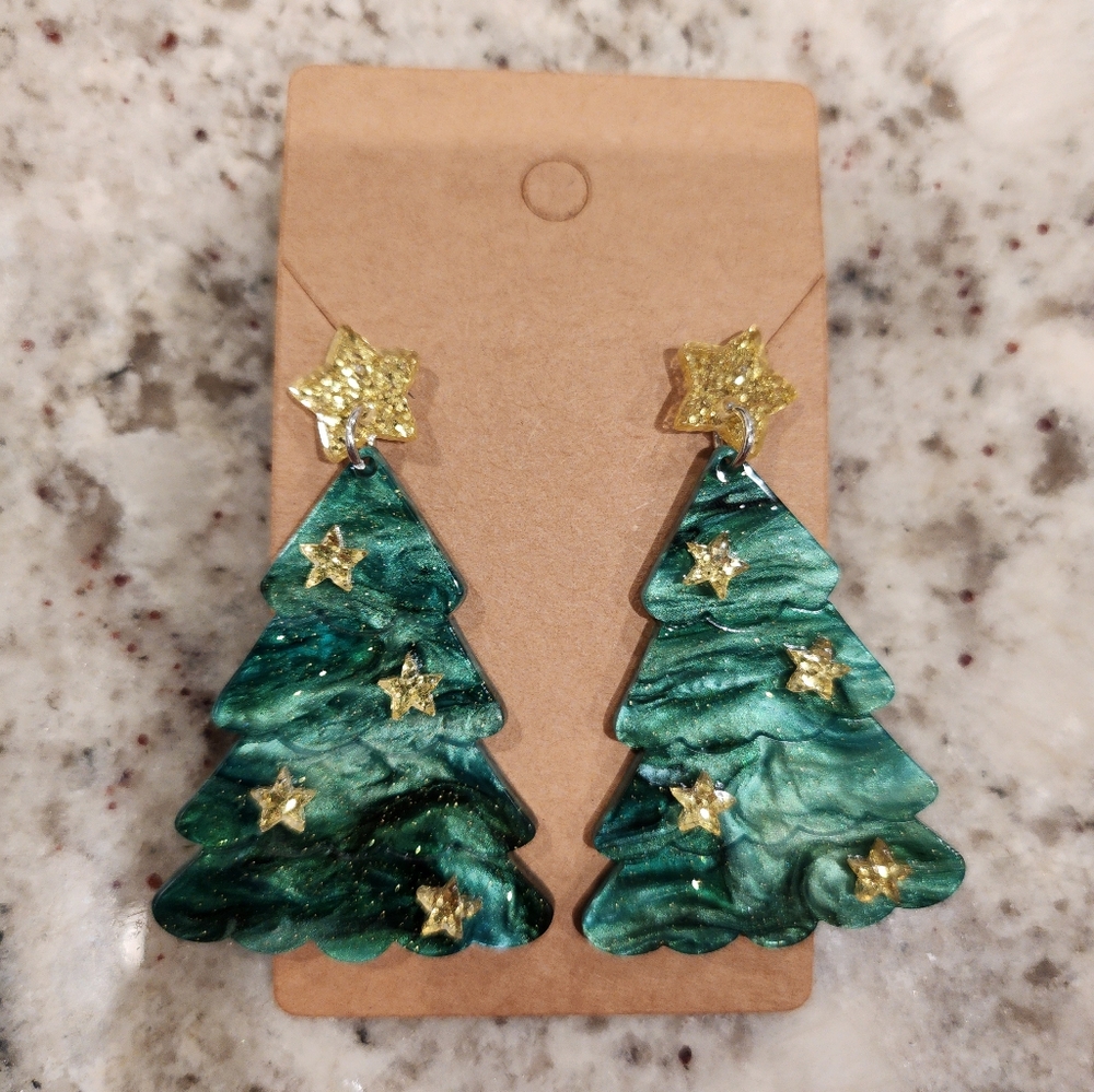 3D Christmas Tree Earrings with Gold Sparkles